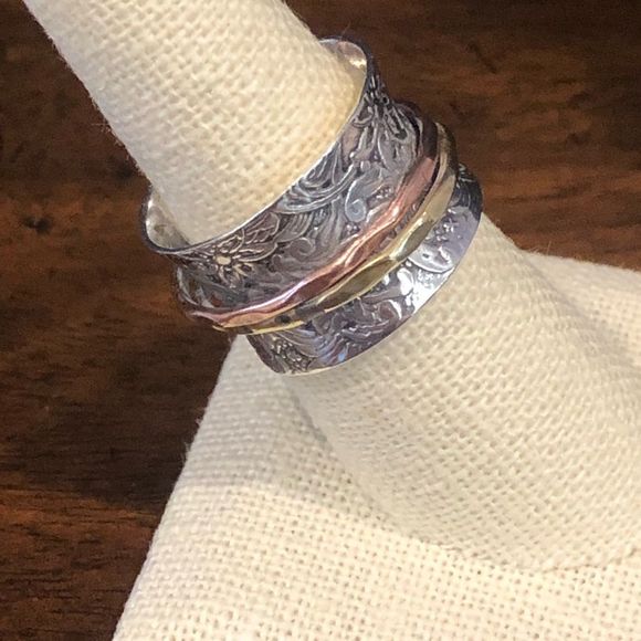 Tricolor Engraved Sterling Silver Spinner Ring - Picture 2 of 6